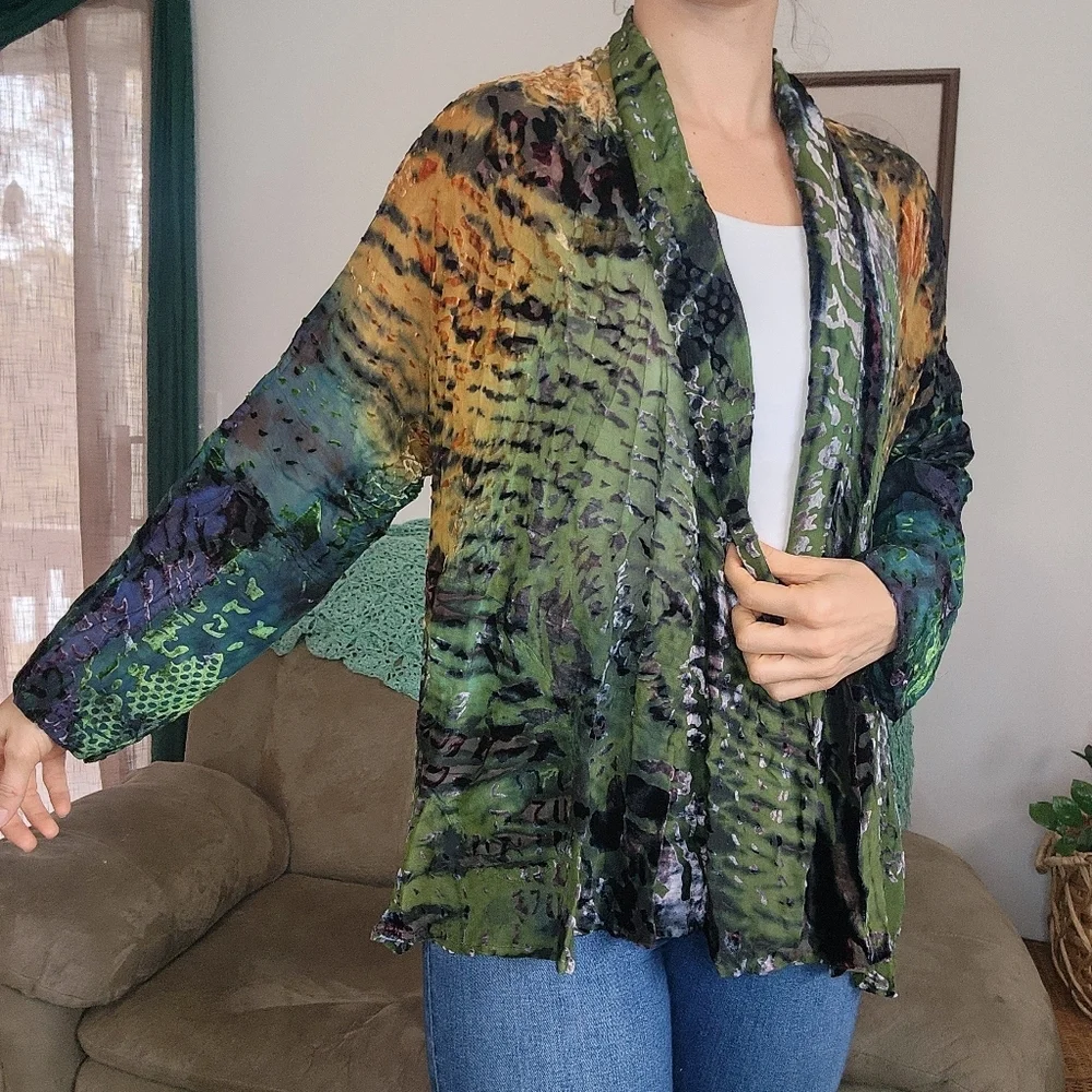 Vintage Mulitcolored Eclectic Art Silk Open Kimono Size Small